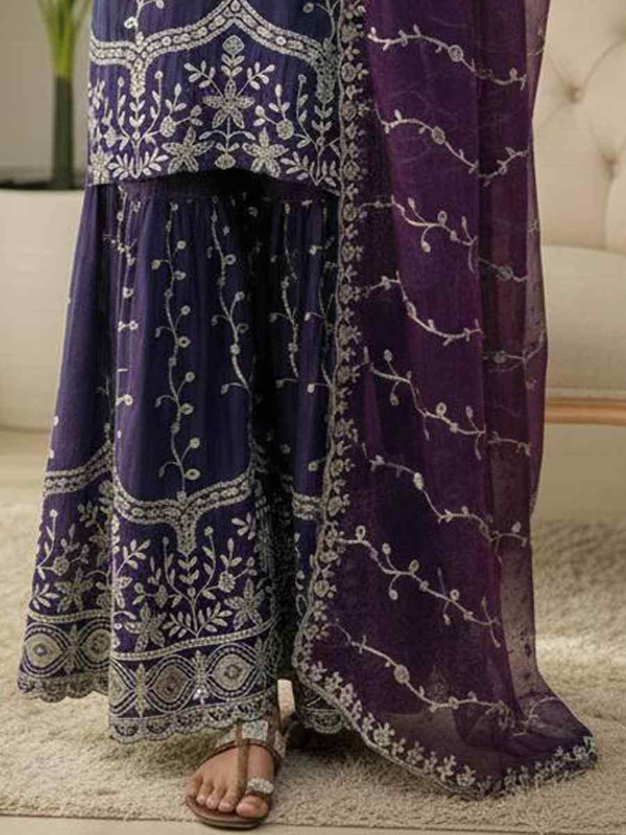 Purple Pure Fendy Silk Embroidery Party Wedding Festival Casual Ready Sharara Pant Salwar Kameez