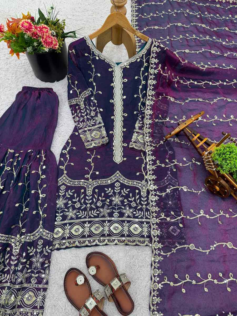 Purple Pure Fendy Silk Embroidery Party Wedding Festival Casual Ready Sharara Pant Salwar Kameez