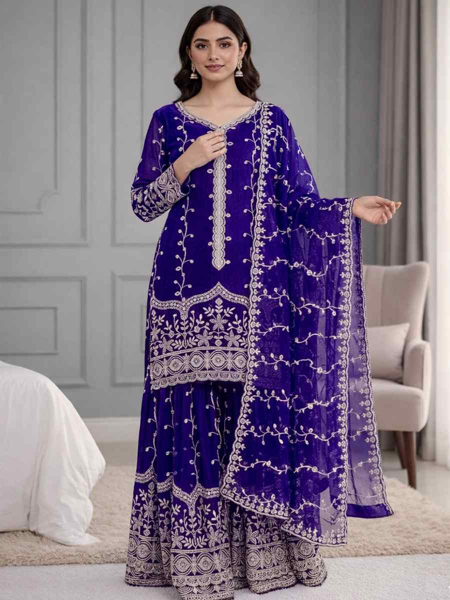 Purple Pure Fendy Silk Embroidery Party Wedding Festival Casual Ready Sharara Pant Salwar Kameez