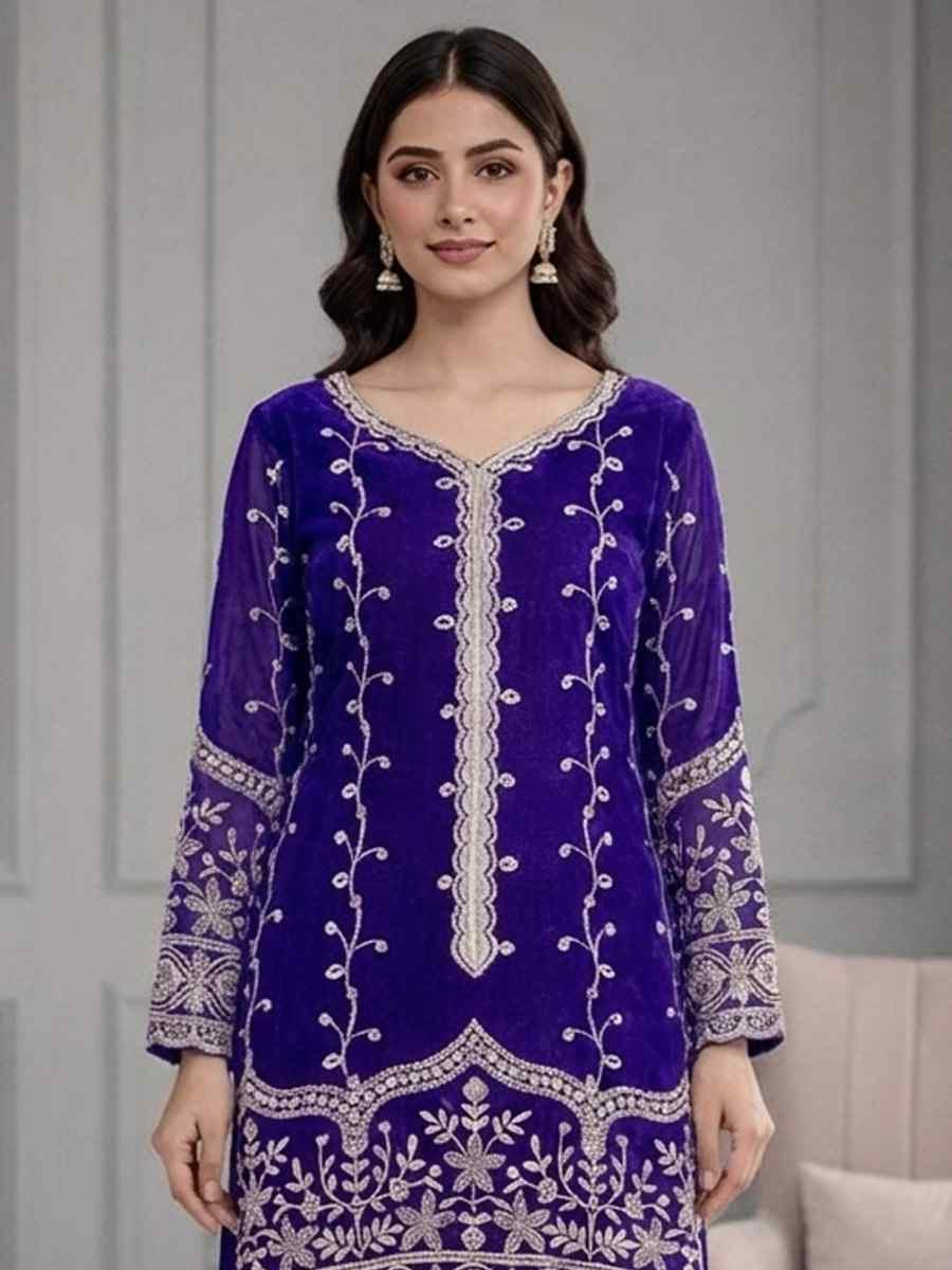Purple Pure Fendy Silk Embroidery Party Wedding Festival Casual Ready Sharara Pant Salwar Kameez