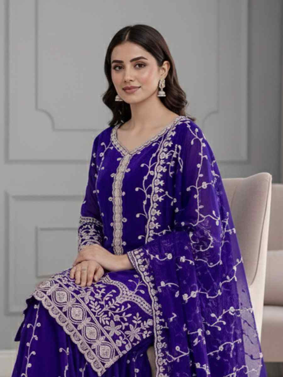 Purple Pure Fendy Silk Embroidery Party Wedding Festival Casual Ready Sharara Pant Salwar Kameez