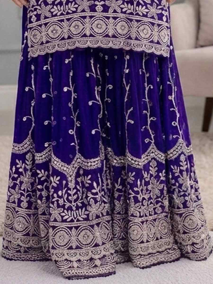 Purple Pure Fendy Silk Embroidery Party Wedding Festival Casual Ready Sharara Pant Salwar Kameez