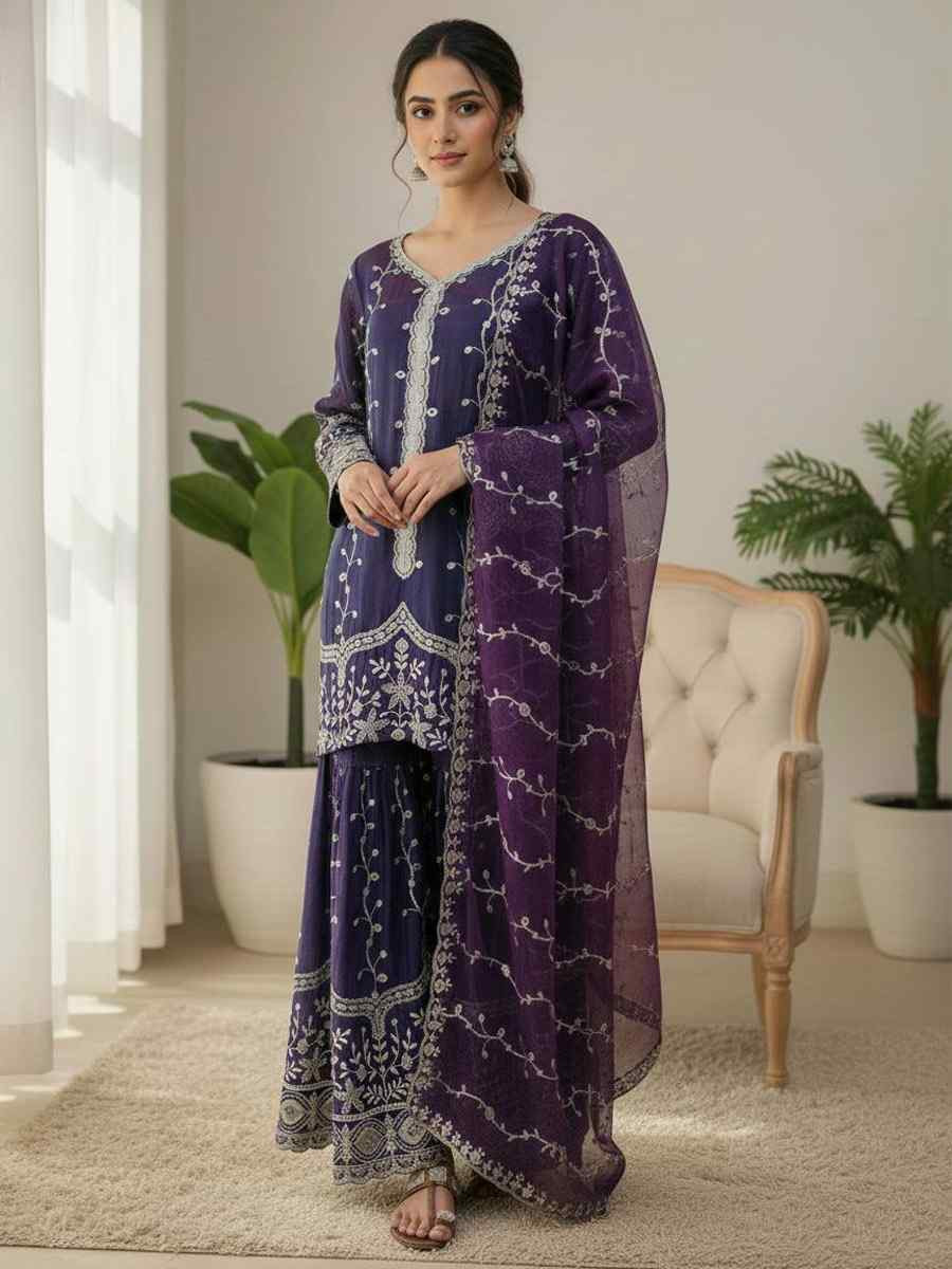 Purple Pure Fendy Silk Embroidery Party Wedding Festival Casual Ready Sharara Pant Salwar Kameez
