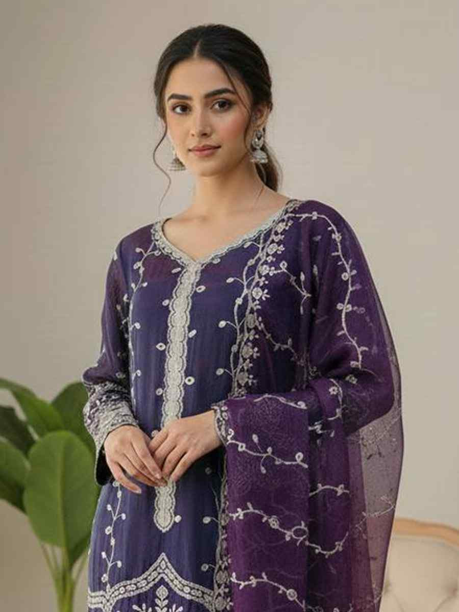 Purple Pure Fendy Silk Embroidery Party Wedding Festival Casual Ready Sharara Pant Salwar Kameez