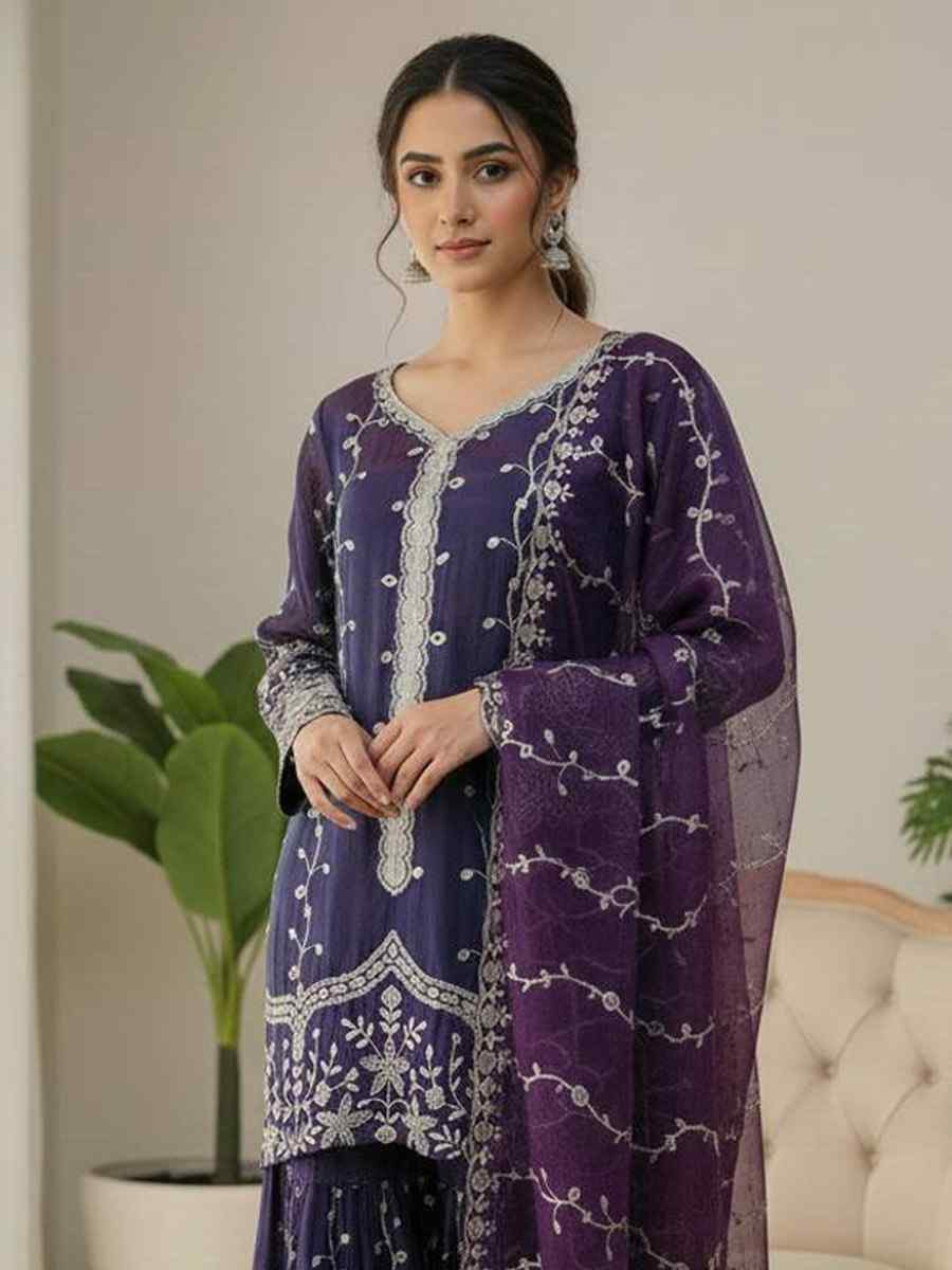 Purple Pure Fendy Silk Embroidery Party Wedding Festival Casual Ready Sharara Pant Salwar Kameez