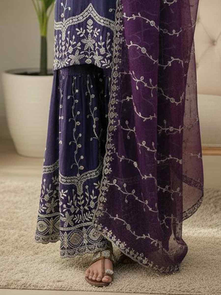 Purple Pure Fendy Silk Embroidery Party Wedding Festival Casual Ready Sharara Pant Salwar Kameez