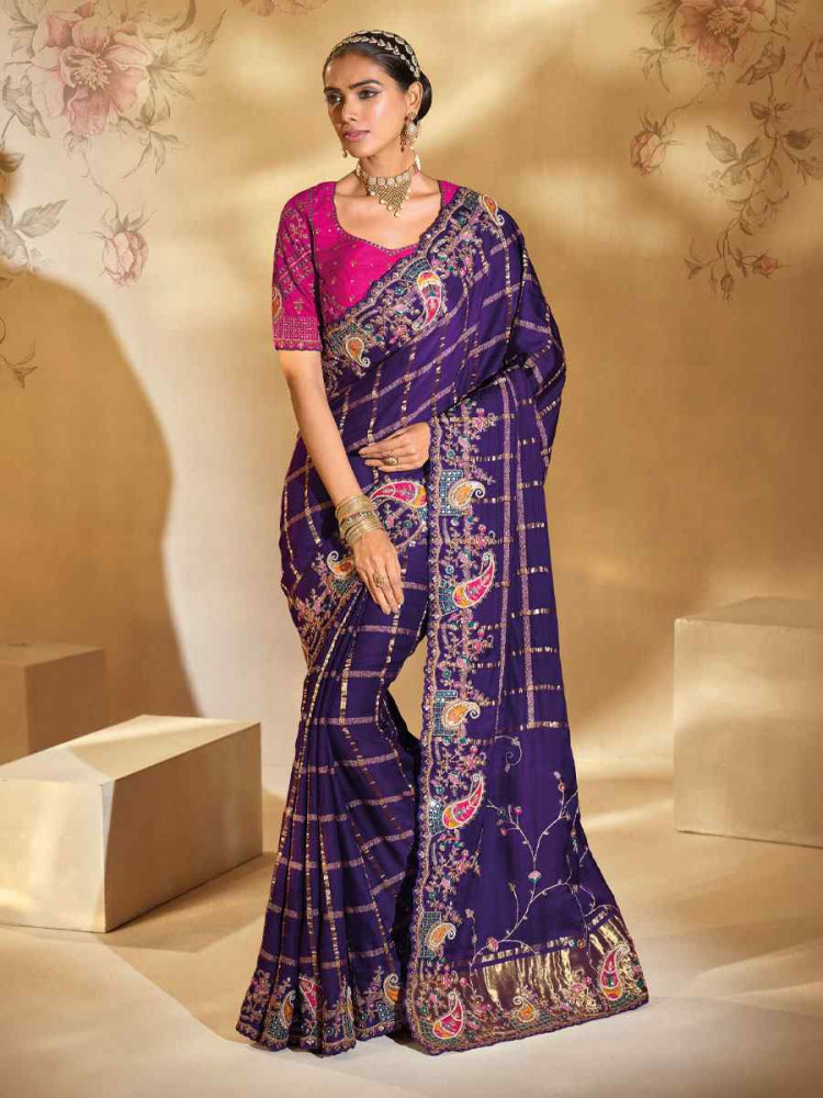 Image of Purple Pure Gaji Silk Embroidery Traditional Bridal Reception Festival Wedding Fancy Heavy Border Saree