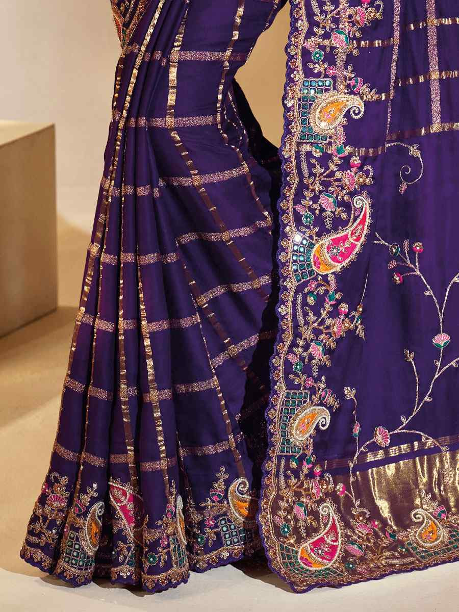 Purple Pure Gaji Silk Embroidery Traditional Bridal Reception Festival Wedding Fancy Heavy Border Saree