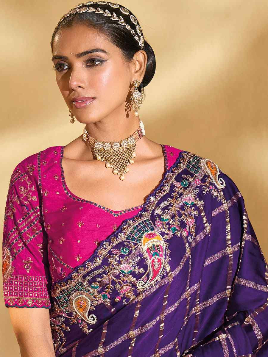 Purple Pure Gaji Silk Embroidery Traditional Bridal Reception Festival Wedding Fancy Heavy Border Saree