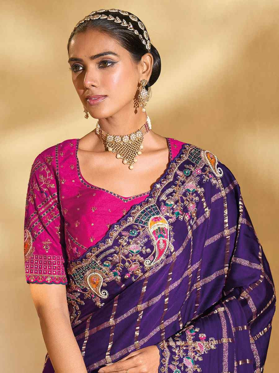 Purple Pure Gaji Silk Embroidery Traditional Bridal Reception Festival Wedding Fancy Heavy Border Saree