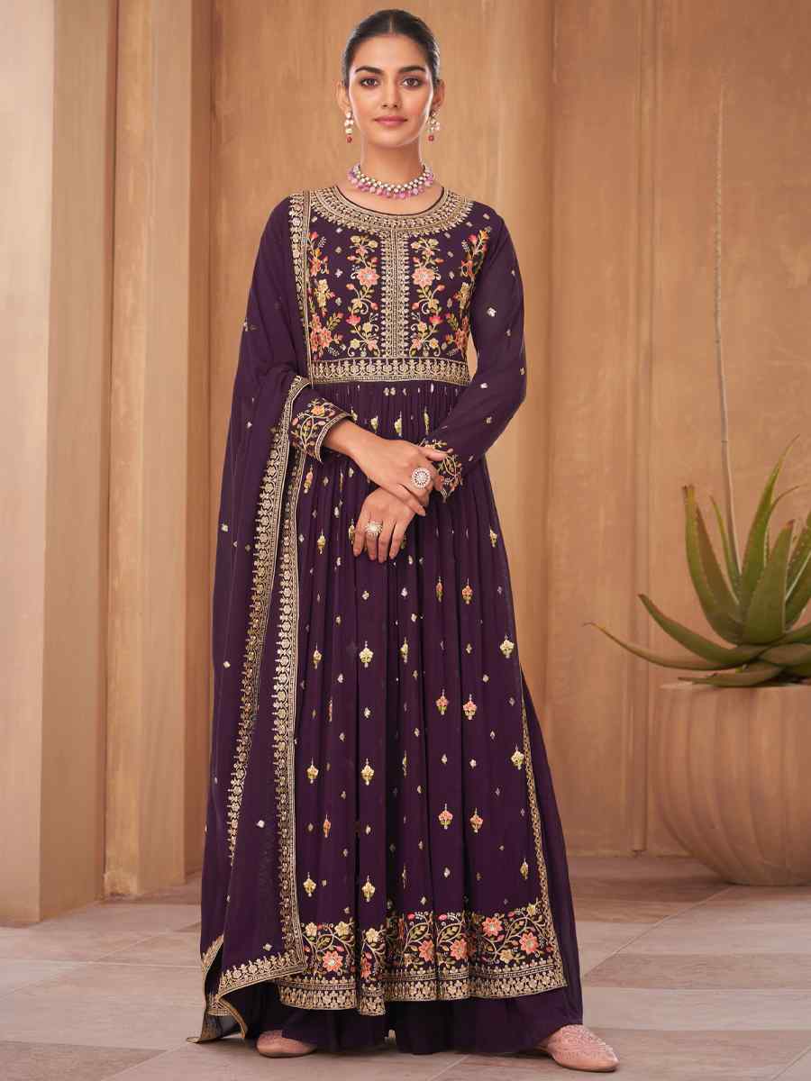 Purple Pure Georgette Embroidered Festival Wedding Palazzo Pant Salwar Kameez