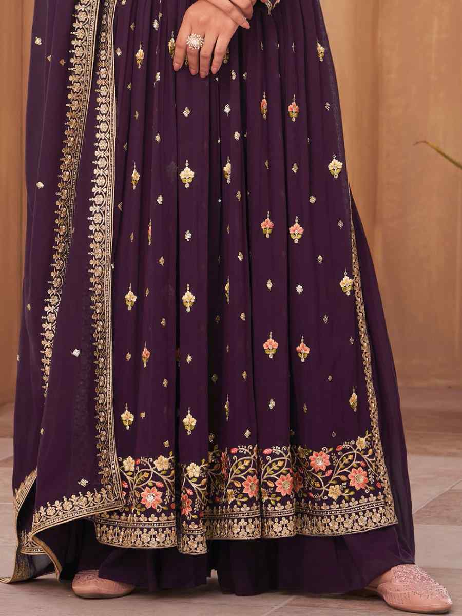 Purple Pure Georgette Embroidered Festival Wedding Palazzo Pant Salwar Kameez