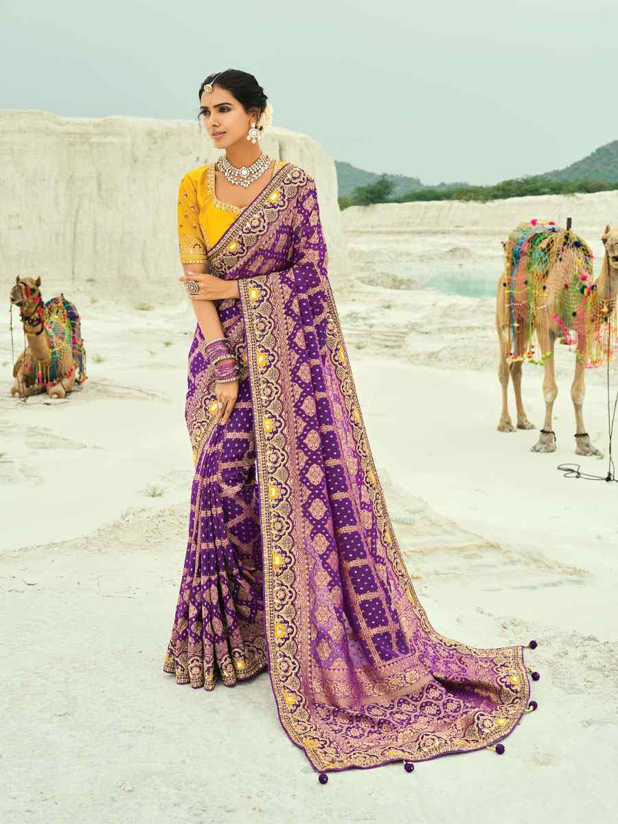Purple Pure Georgette Handwoven Embroidery Bridal Festival Wedding Traditional Fancy Heavy Border Sarees