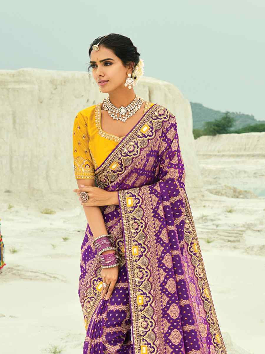 Purple Pure Georgette Handwoven Embroidery Bridal Festival Wedding Traditional Fancy Heavy Border Sarees