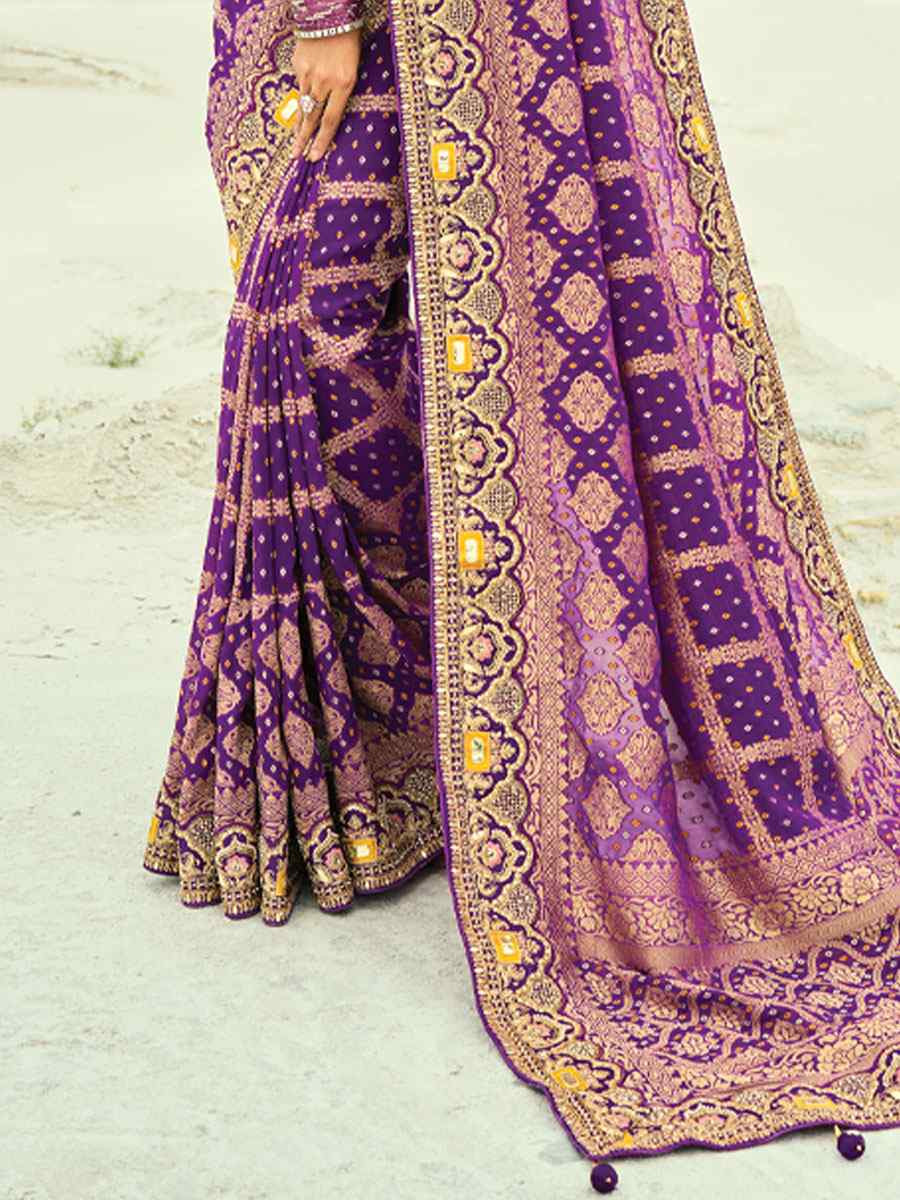 Purple Pure Georgette Handwoven Embroidery Bridal Festival Wedding Traditional Fancy Heavy Border Sarees