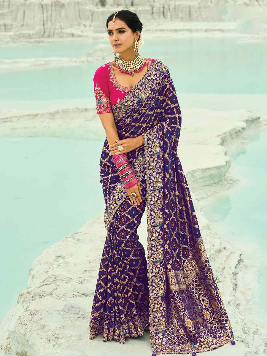 Purple Pure Georgette Handwoven Embroidery Bridal Festival Wedding Traditional Fancy Heavy Border Sarees