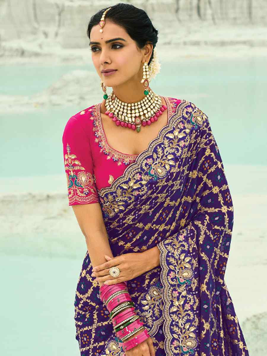 Purple Pure Georgette Handwoven Embroidery Bridal Festival Wedding Traditional Fancy Heavy Border Sarees