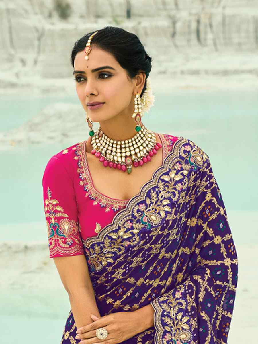Purple Pure Georgette Handwoven Embroidery Bridal Festival Wedding Traditional Fancy Heavy Border Sarees