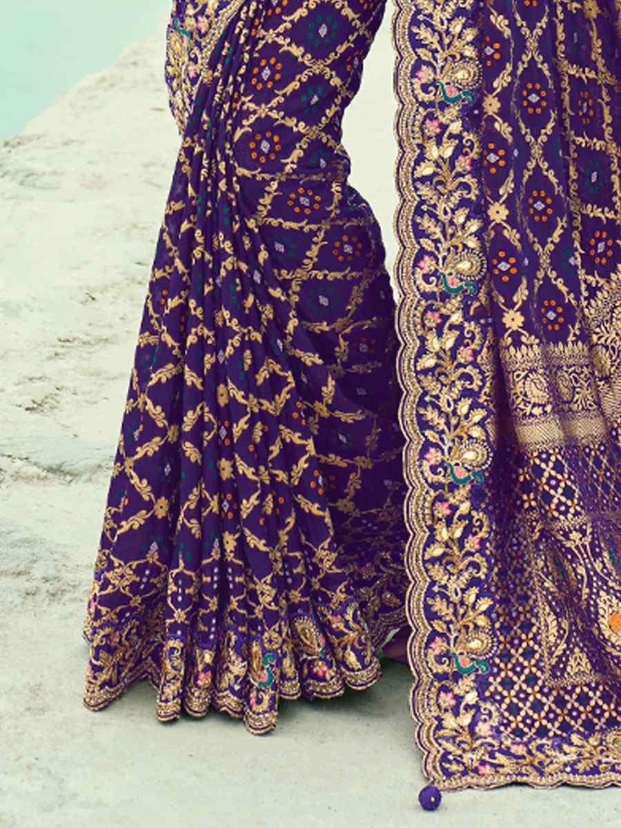 Purple Pure Georgette Handwoven Embroidery Bridal Festival Wedding Traditional Fancy Heavy Border Sarees