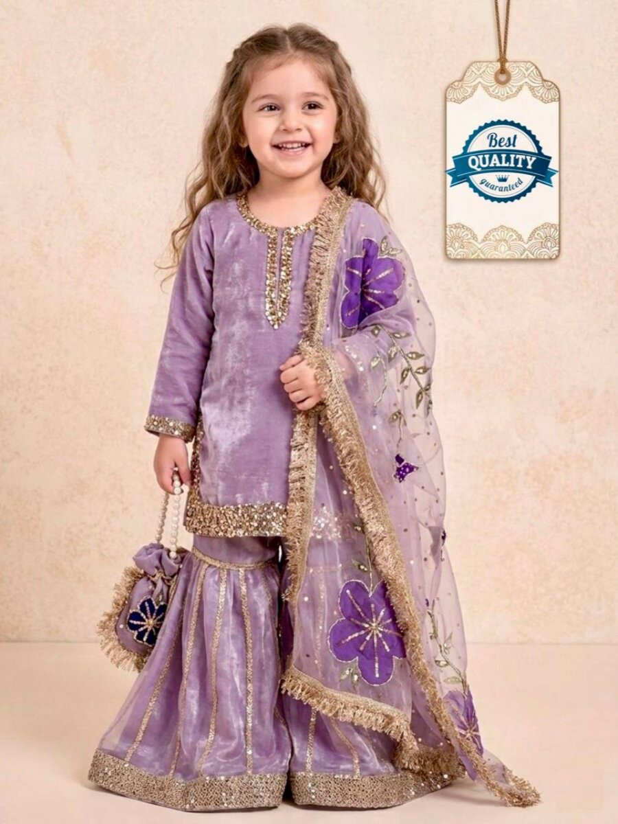 Purple Pure Gmy Silk Embroidered Sequins Festival Party Wedding Ready Kurta Sharara Girls Wear