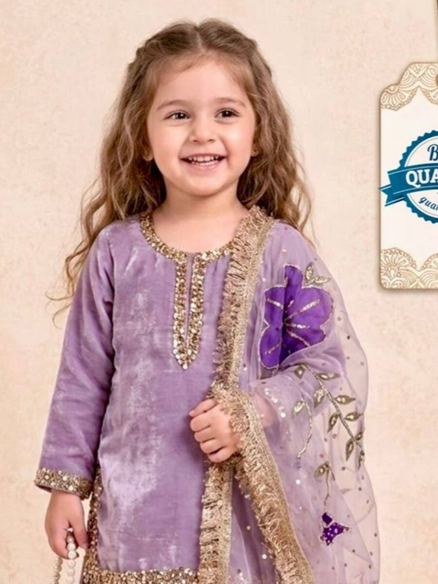 Purple Pure Gmy Silk Embroidered Sequins Festival Party Wedding Ready Kurta Sharara Girls Wear