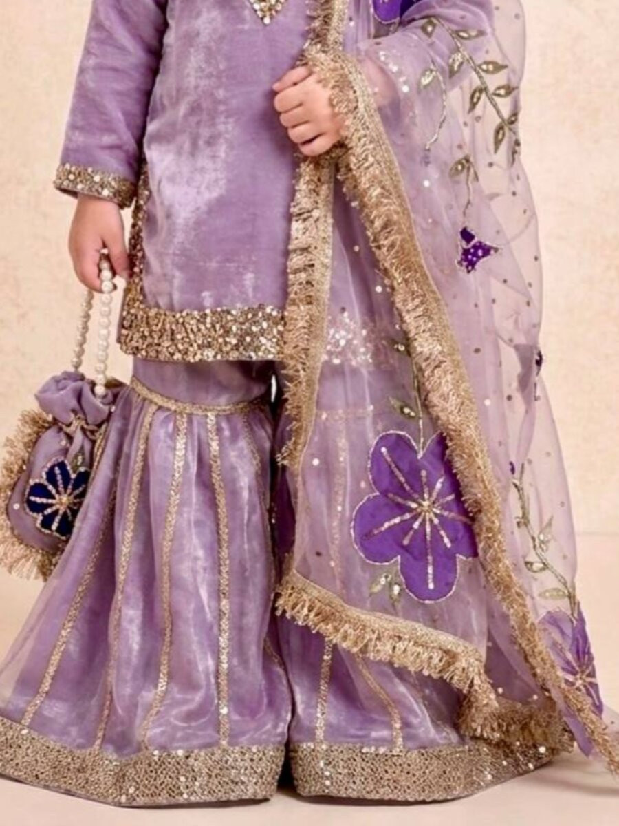 Purple Pure Gmy Silk Embroidered Sequins Festival Party Wedding Ready Kurta Sharara Girls Wear