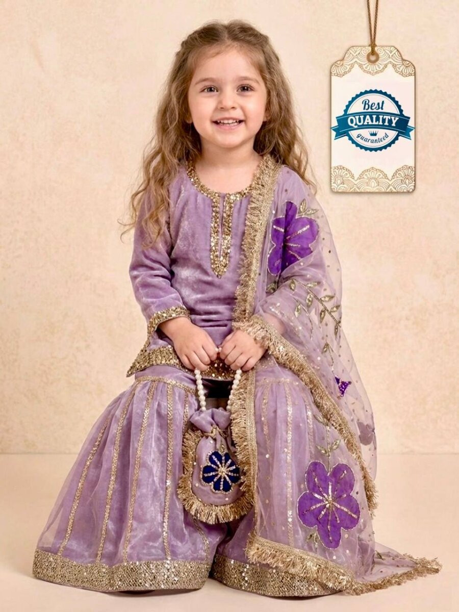 Purple Pure Gmy Silk Embroidered Sequins Festival Party Wedding Ready Kurta Sharara Girls Wear