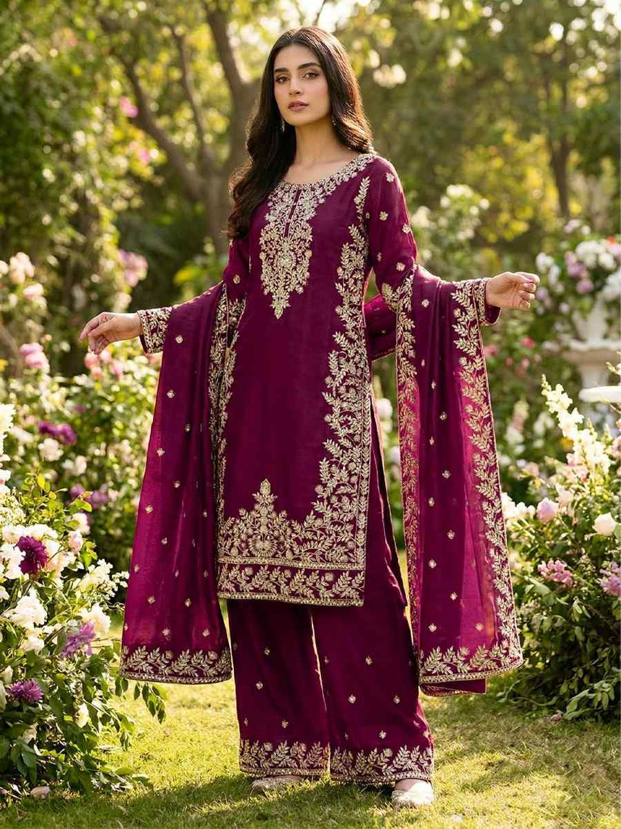 Purple Pure Gmy Silk Embroidery Party Wedding Festival Casual Ready Palazzo Pant Salwar Kameez