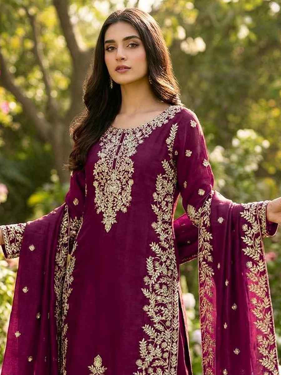 Purple Pure Gmy Silk Embroidery Party Wedding Festival Casual Ready Palazzo Pant Salwar Kameez
