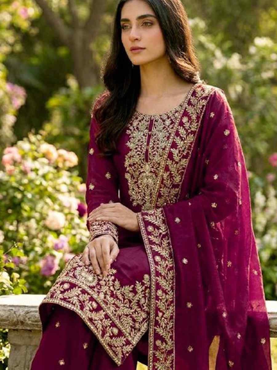 Purple Pure Gmy Silk Embroidery Party Wedding Festival Casual Ready Palazzo Pant Salwar Kameez