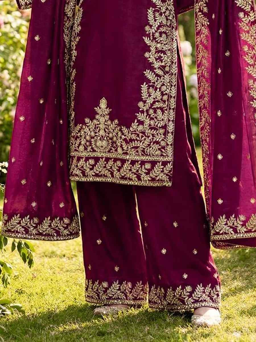 Purple Pure Gmy Silk Embroidery Party Wedding Festival Casual Ready Palazzo Pant Salwar Kameez