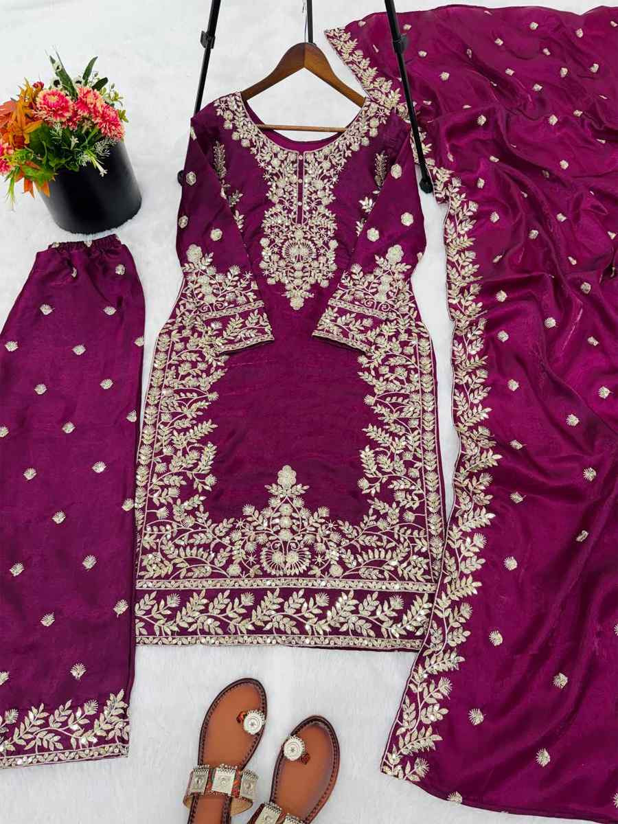 Purple Pure Gmy Silk Embroidery Party Wedding Festival Casual Ready Palazzo Pant Salwar Kameez