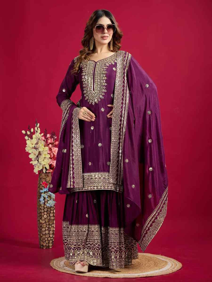 Purple Pure Heavy Chinon Silk Embroidered Festival Wedding Sharara Pant Ready Salwar Kameez