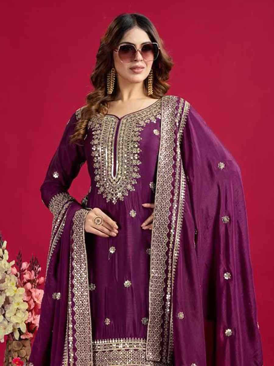 Purple Pure Heavy Chinon Silk Embroidered Festival Wedding Sharara Pant Ready Salwar Kameez