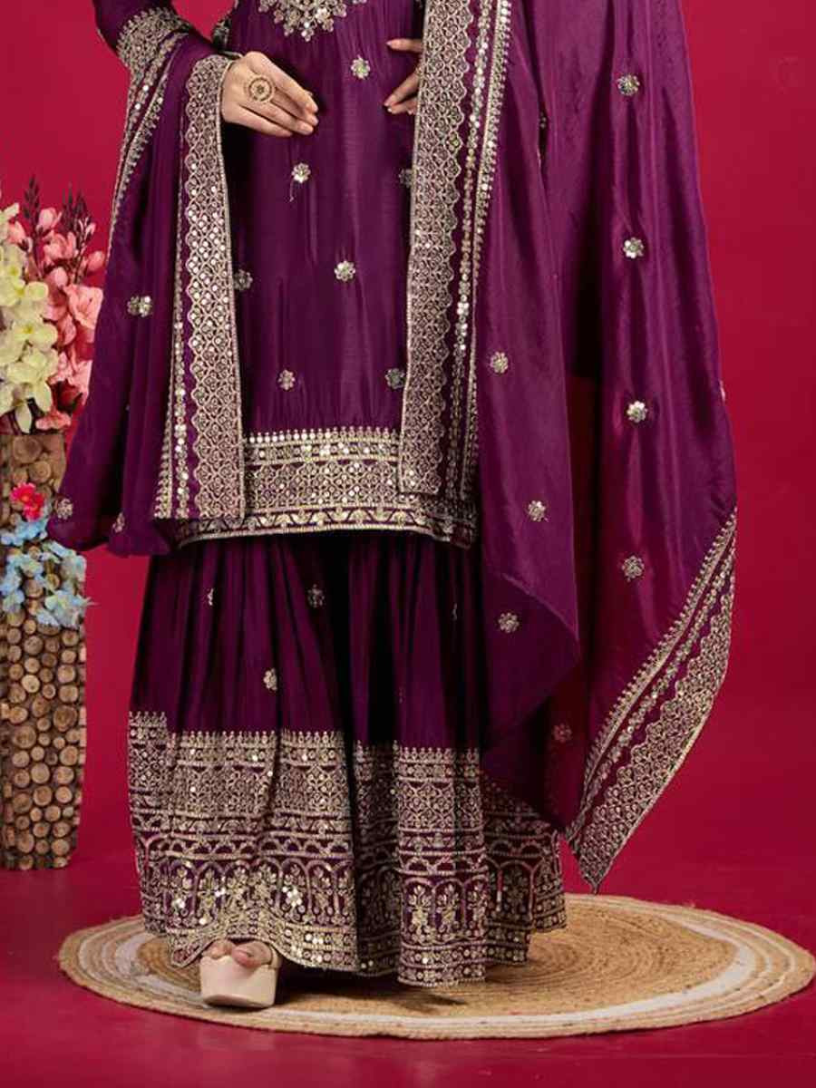 Purple Pure Heavy Chinon Silk Embroidered Festival Wedding Sharara Pant Ready Salwar Kameez