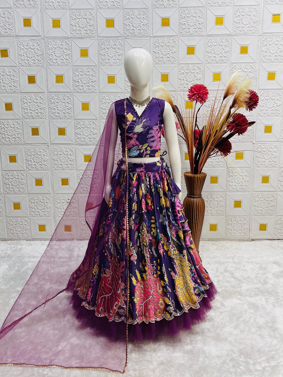Purple Pure Heavy Natural Crep Printed Embroidered Ethnic Casual Festival Party Wedding Lehengas Girls Wear