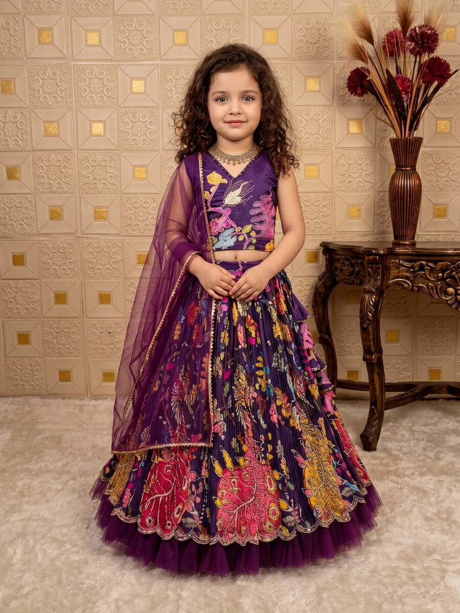 Purple Pure Heavy Natural Crep Printed Embroidered Ethnic Casual Festival Party Wedding Lehengas Girls Wear