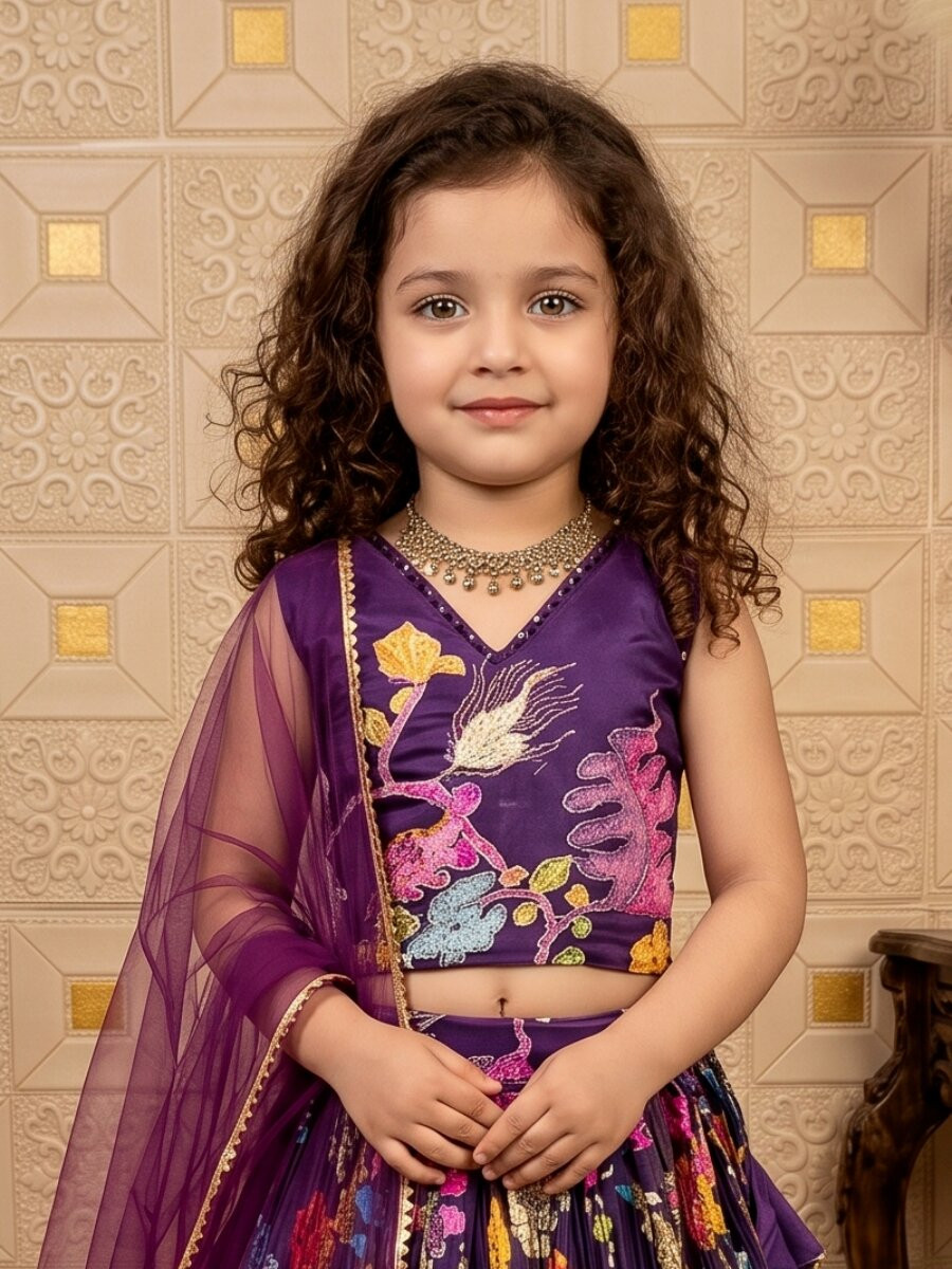 Purple Pure Heavy Natural Crep Printed Embroidered Ethnic Casual Festival Party Wedding Lehengas Girls Wear