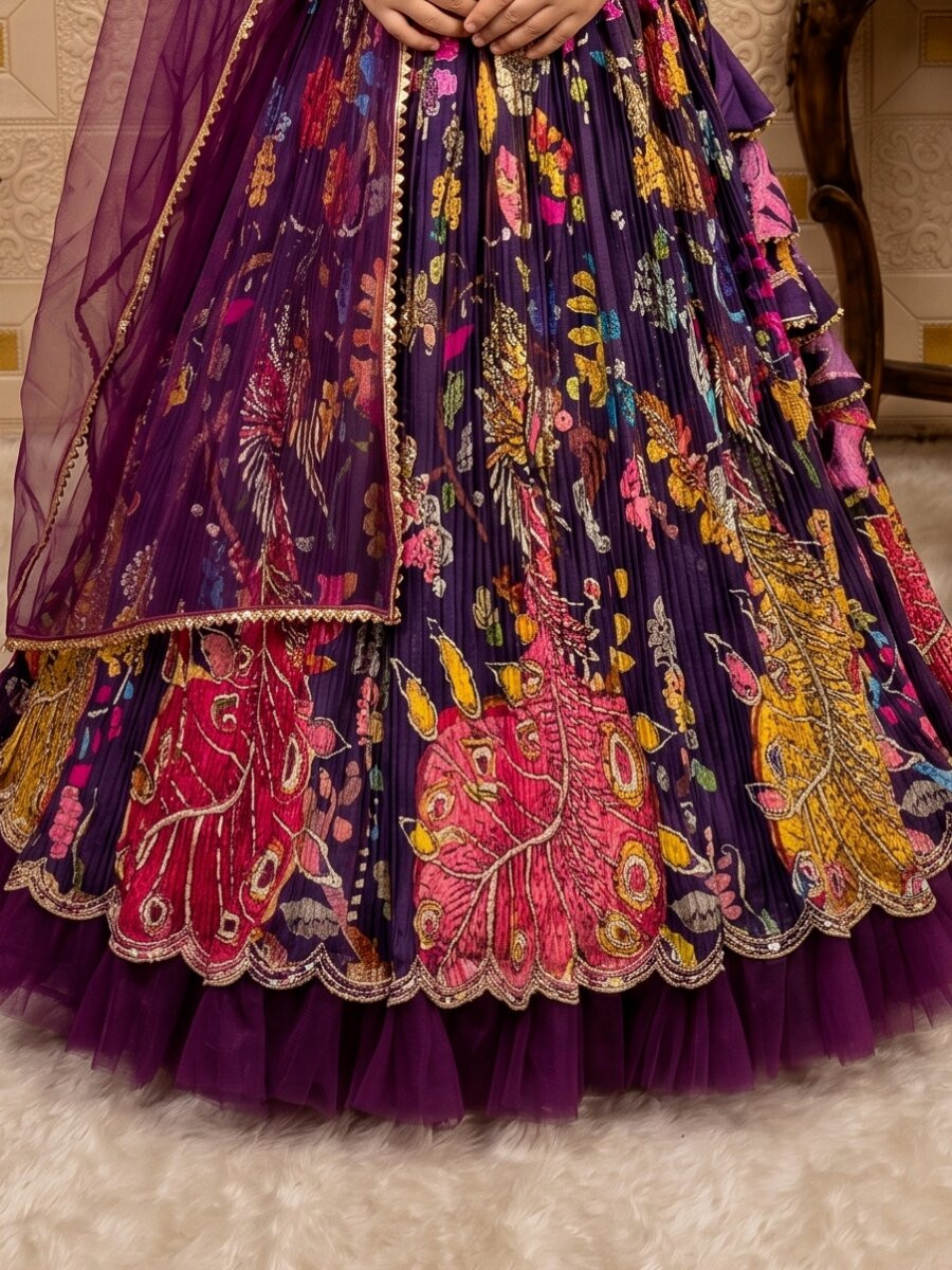Purple Pure Heavy Natural Crep Printed Embroidered Ethnic Casual Festival Party Wedding Lehengas Girls Wear