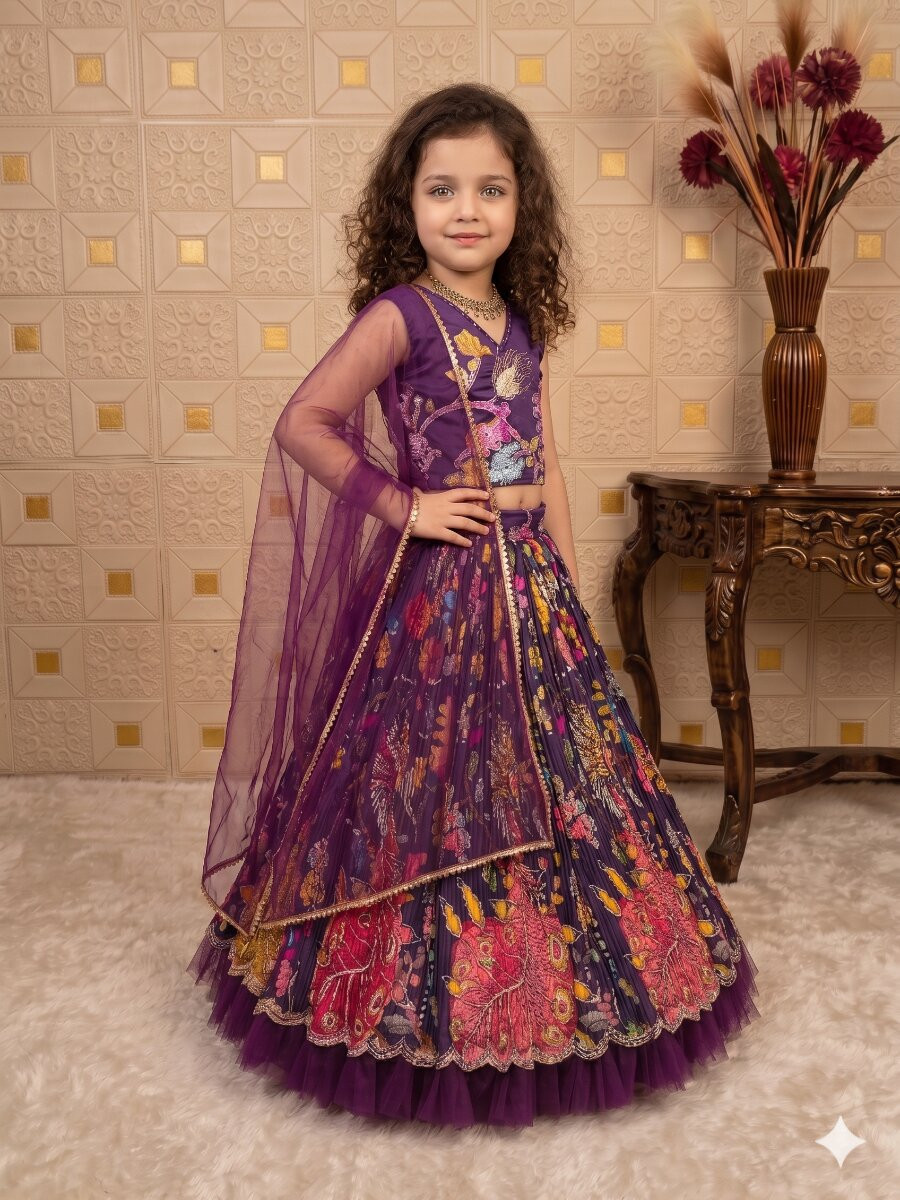 Purple Pure Heavy Natural Crep Printed Embroidered Ethnic Casual Festival Party Wedding Lehengas Girls Wear