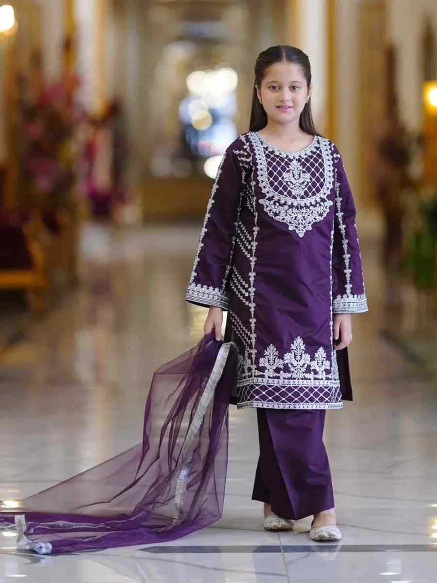 Purple Pure Heavy Natural Crep Silk Embroidered Casual Festival Salwars Girls Wear