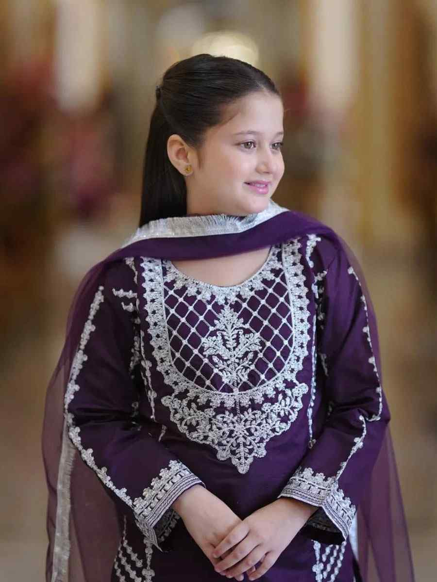 Purple Pure Heavy Natural Crep Silk Embroidered Casual Festival Salwars Girls Wear