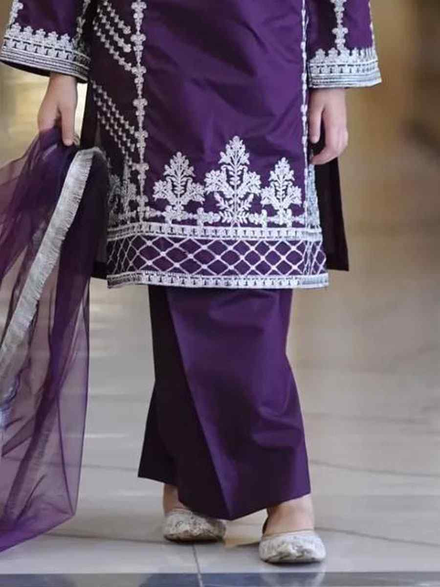 Purple Pure Heavy Natural Crep Silk Embroidered Casual Festival Salwars Girls Wear