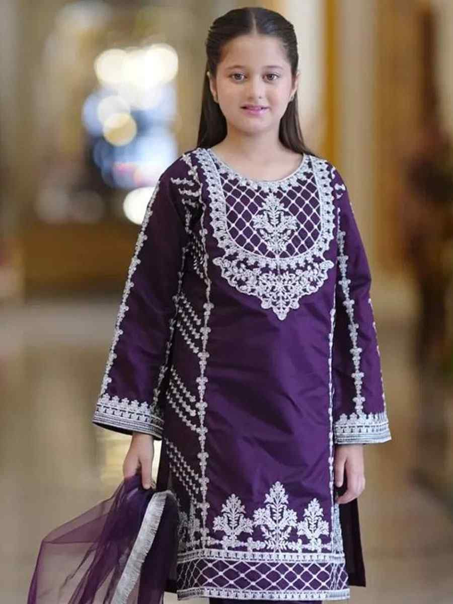 Purple Pure Heavy Natural Crep Silk Embroidered Casual Festival Salwars Girls Wear