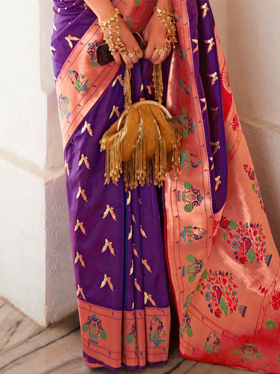 Purple Pure Heavy Silk  Handwoven Wedding Festival Heavy Border Saree