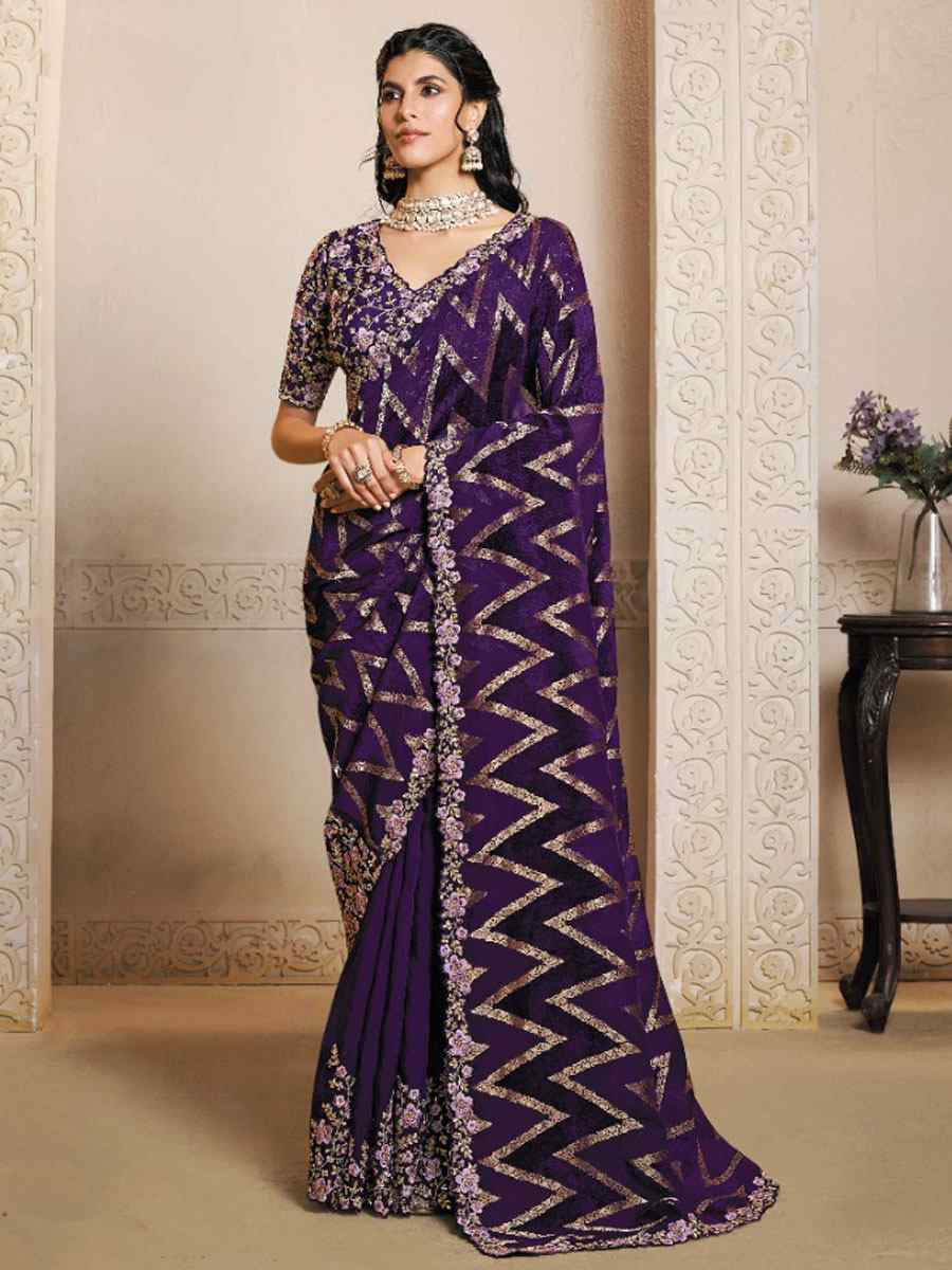 Purple Pure Jacquard Velvet Silk Embroidery Festival Wedding Fancy Heavy Border Saree