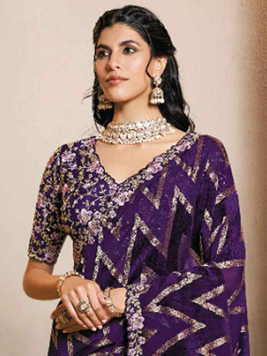 Purple Pure Jacquard Velvet Silk Embroidery Festival Wedding Fancy Heavy Border Saree
