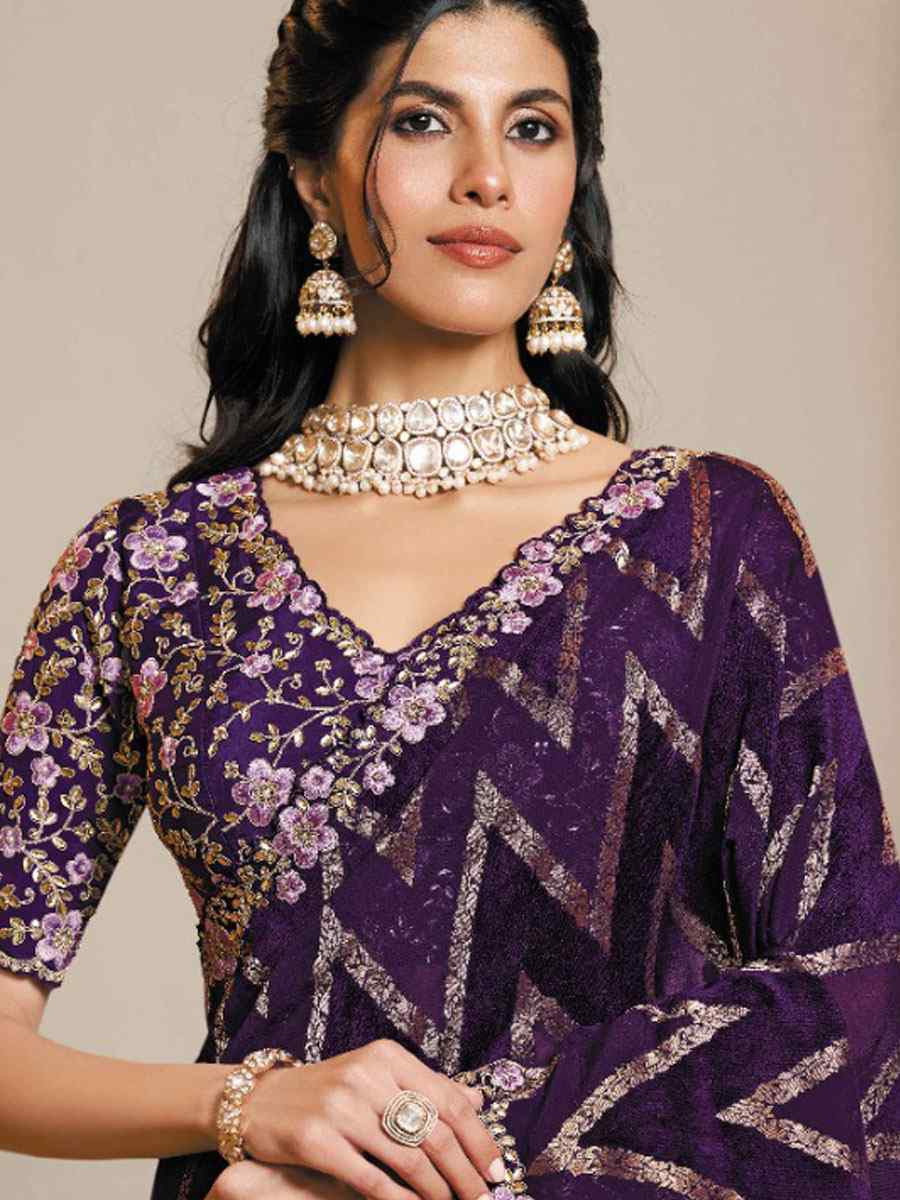 Purple Pure Jacquard Velvet Silk Embroidery Festival Wedding Fancy Heavy Border Saree