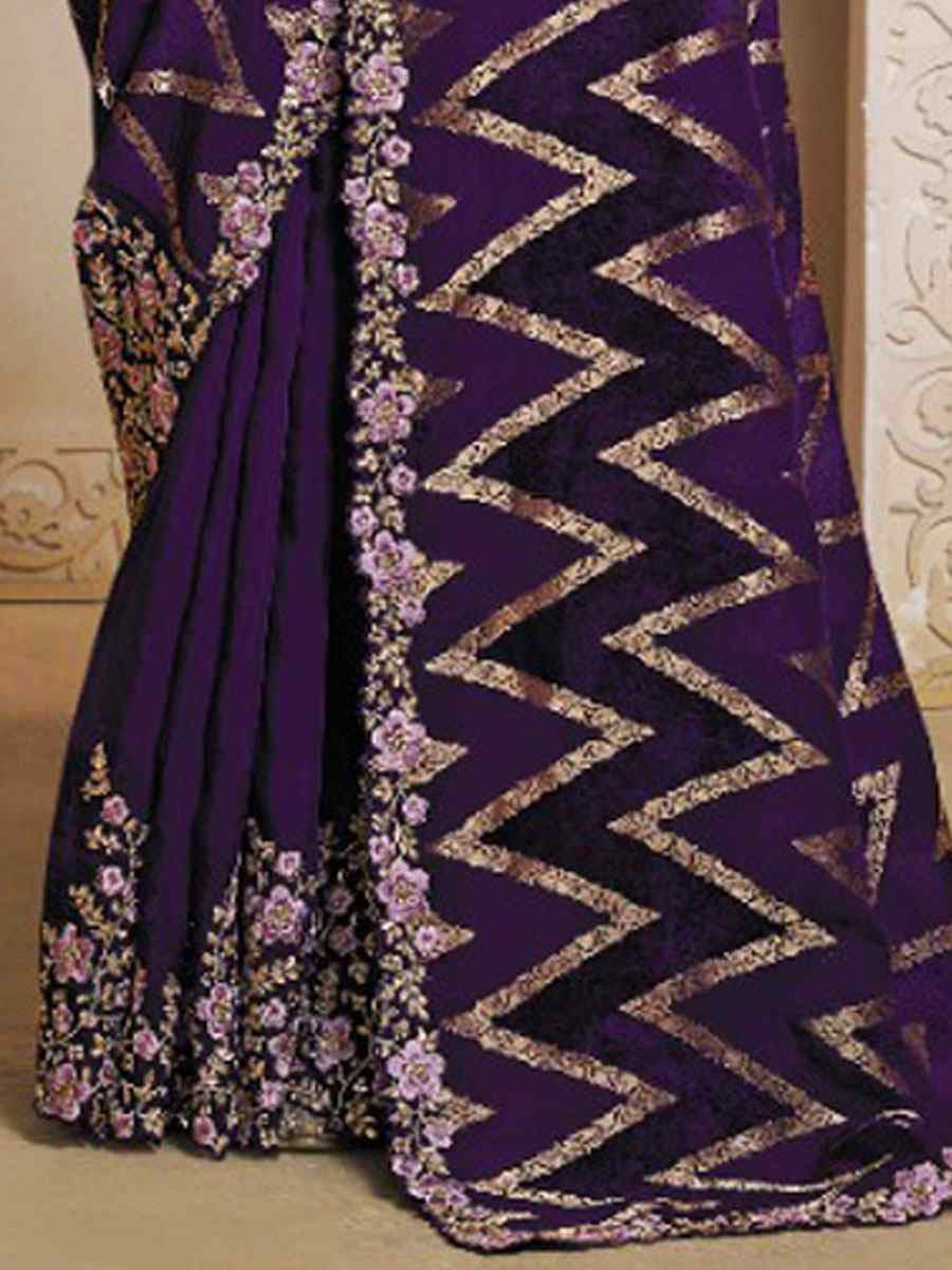 Purple Pure Jacquard Velvet Silk Embroidery Festival Wedding Fancy Heavy Border Saree