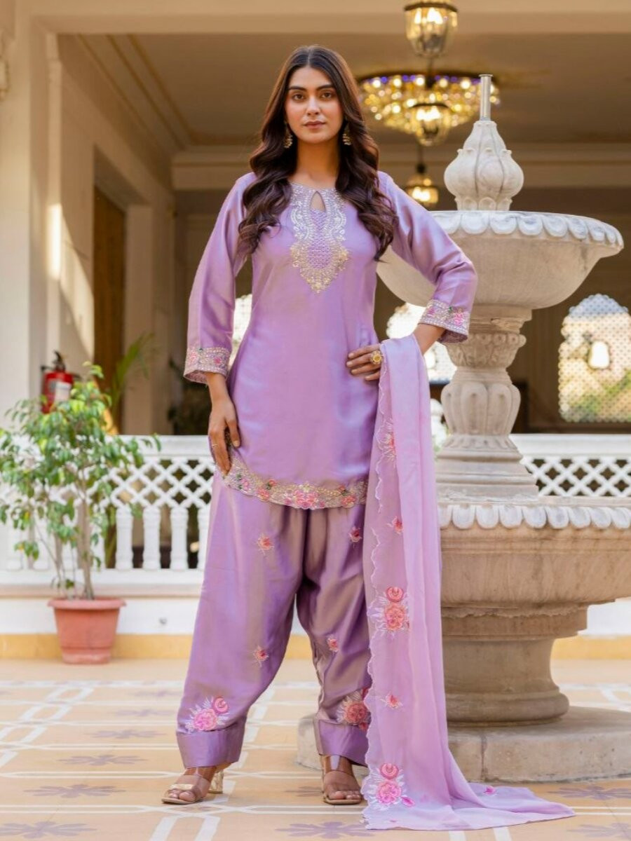 Purple Pure Japan Satin Embroidery Sequins Zari Wedding Party Festival Ready Palazzo Pant Salwar Kameez